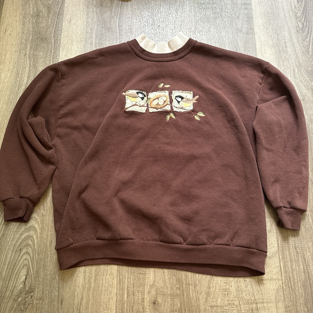 Top Stitch Vintage Bird Embroidered Sweatshirt Brown Cozy Crewneck